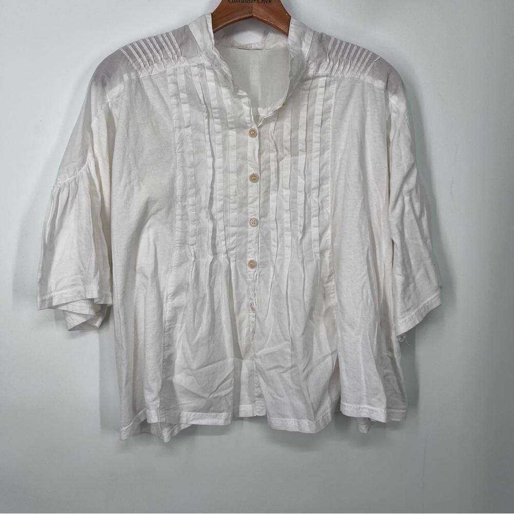 CP Shades White Pleated Front Button Down Short Sleeve Top